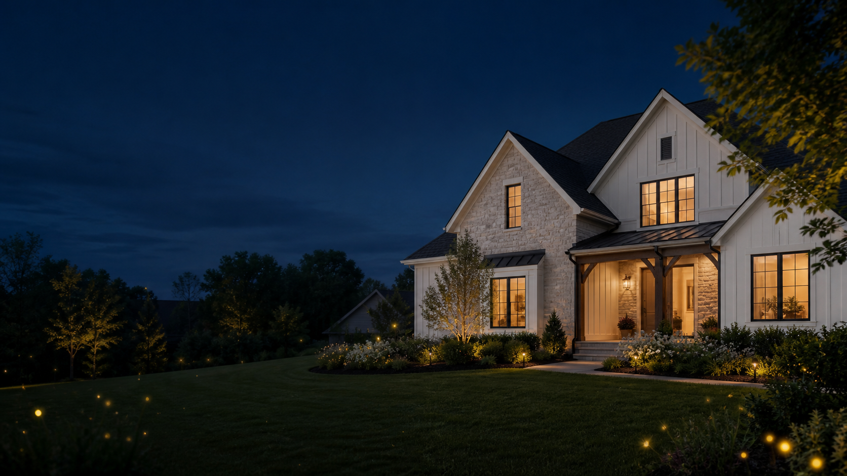 Illustrative Alabama-style home with warmly lit windows at dusk